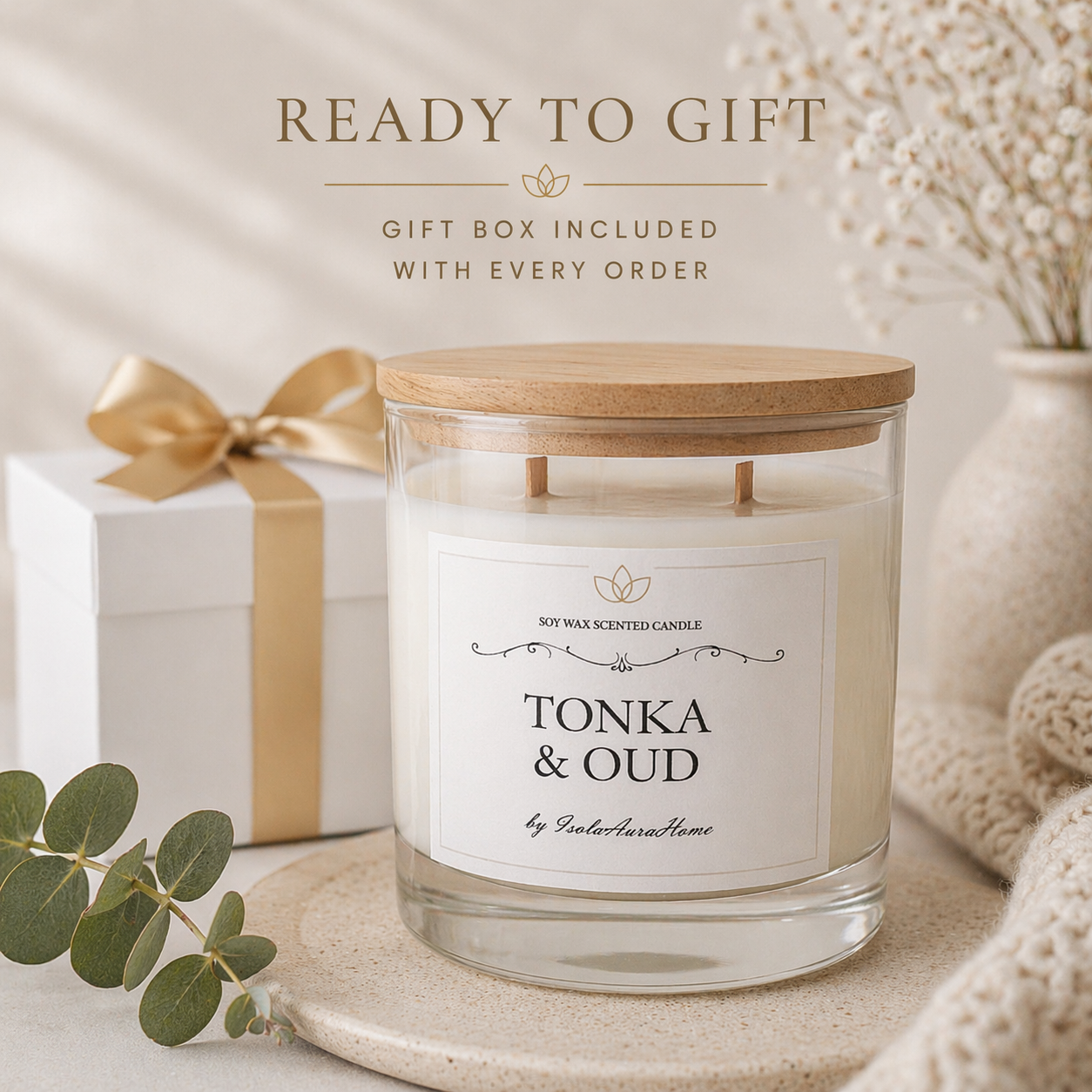 Tonka and Oud soy wax candle in a glass jar with gift box, ready to gift and handmade in Belgium