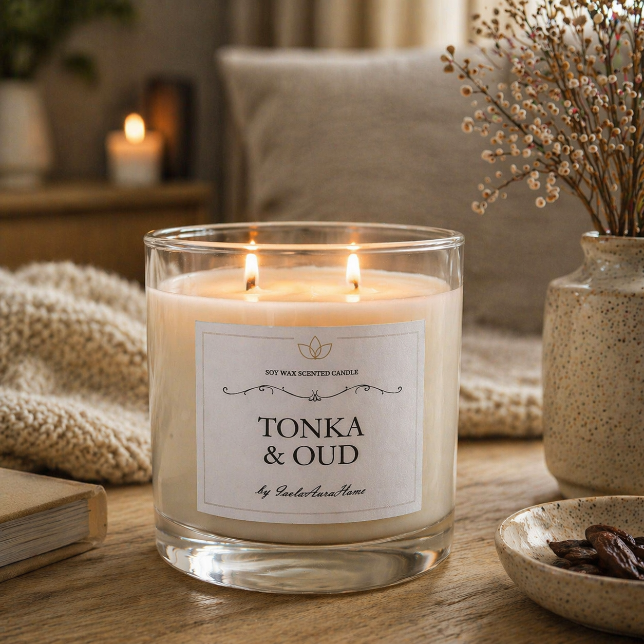 Tonka and Oud soy wax candle lit in a cozy home interior, handmade by Isola Aura Home in Belgium