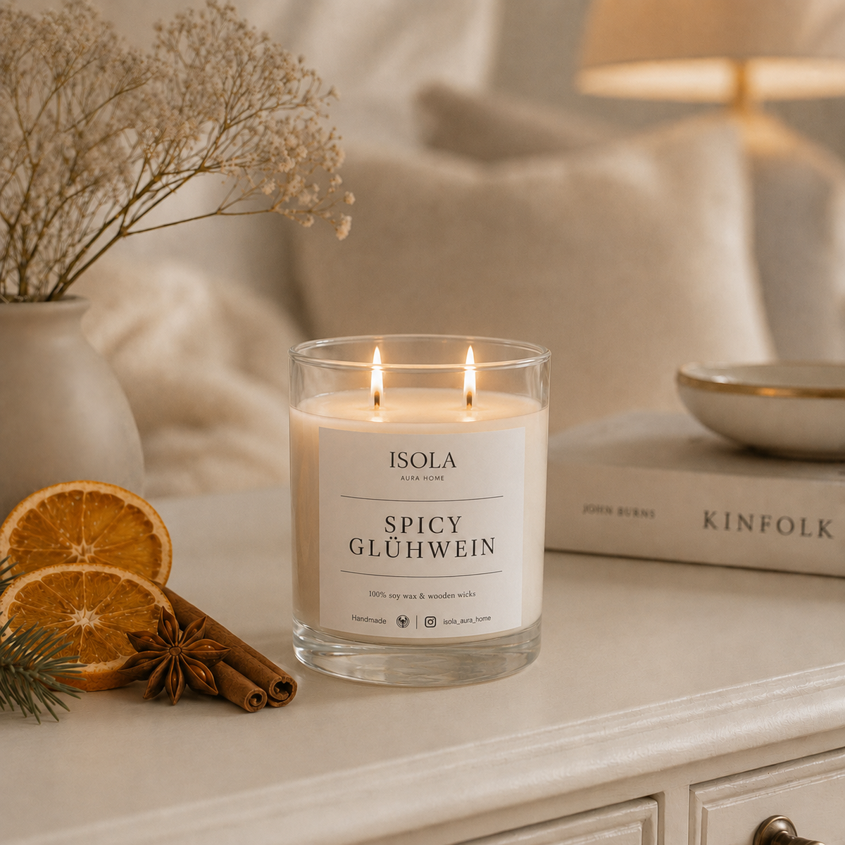Two-wick mulled wine soy candle burning in an elegant interior with orange, cinnamon, star anise and evergreen