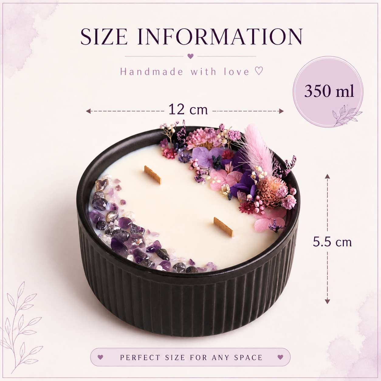 Violet Bloom and Amethyst floral crystal candle dimensions showing 350 ml capacity, 12 cm diameter and 5.5 cm height