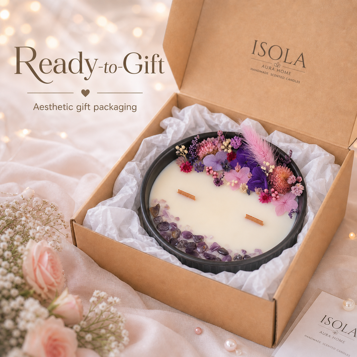 Violet Bloom and Amethyst floral crystal candle presented in a ready-to-gift box