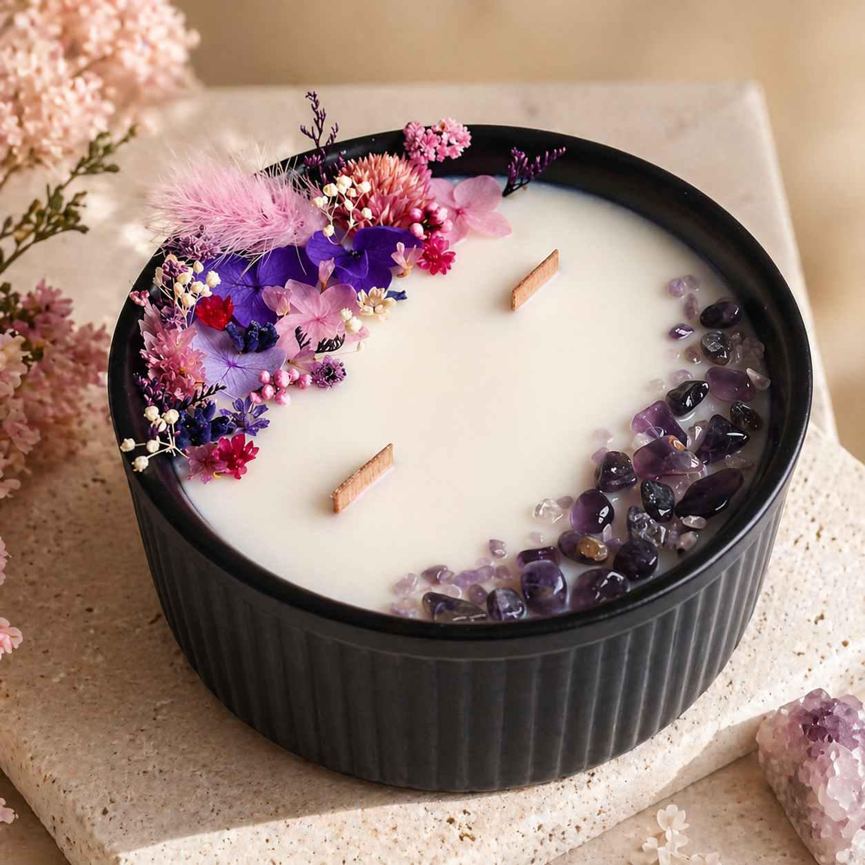 Violet Bloom and Amethyst floral crystal candle styled in an elegant neutral interior