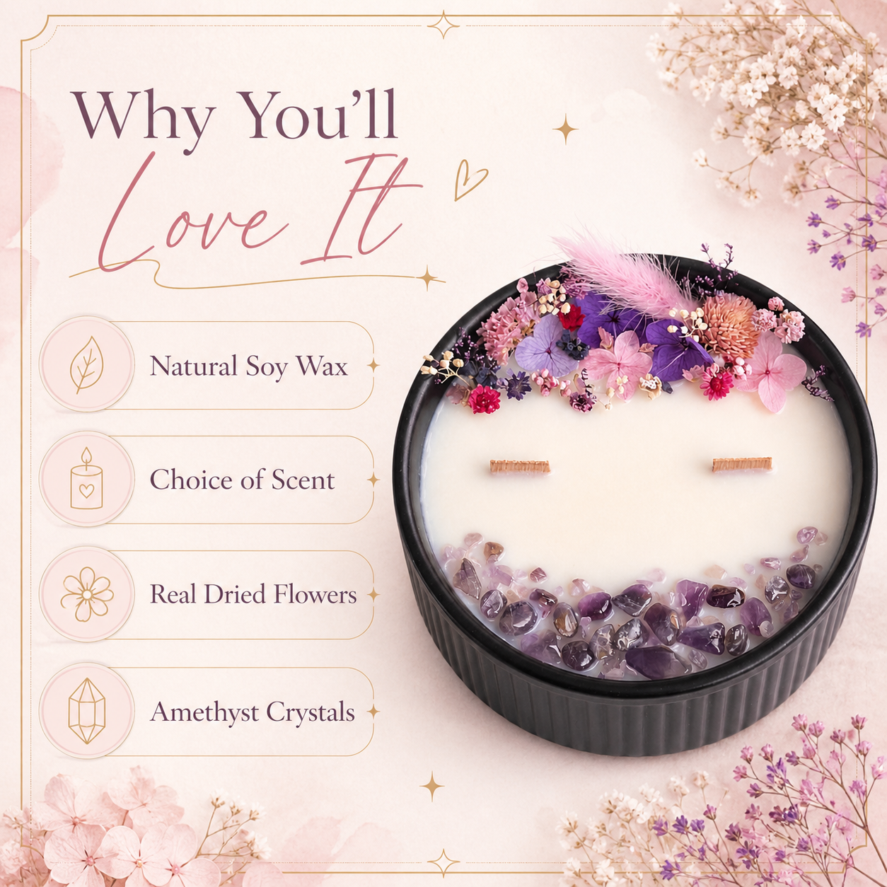 Violet Bloom candle handmade with soy wax, dried flowers, amethyst stones and wooden wicks