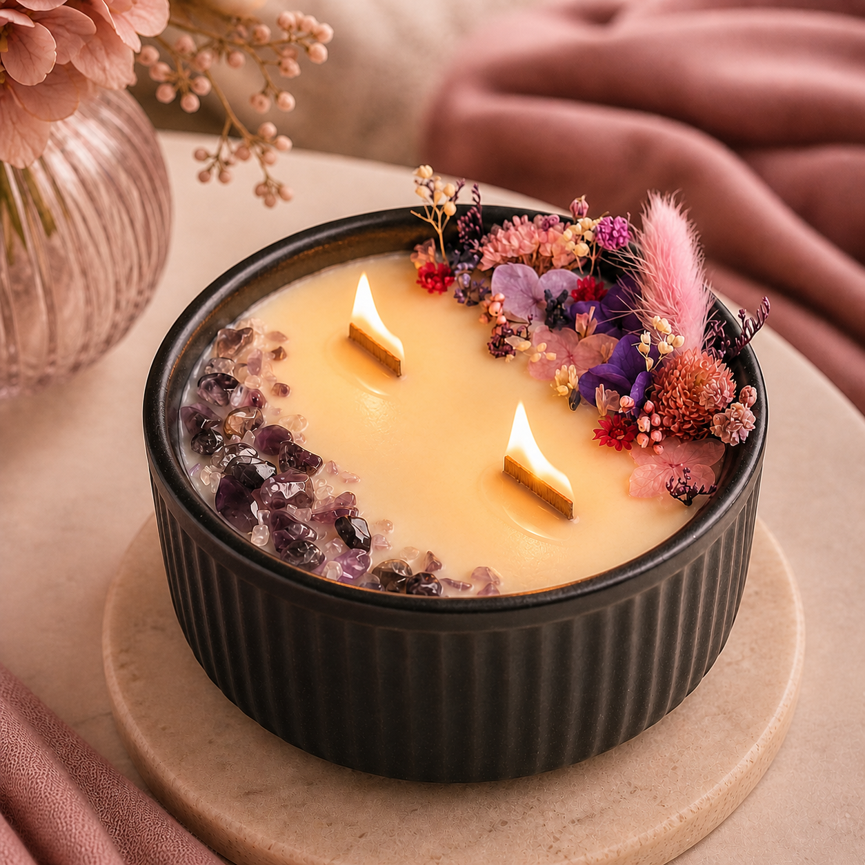 Lit Violet Bloom and Amethyst floral crystal candle with dried flowers and wooden wicks
