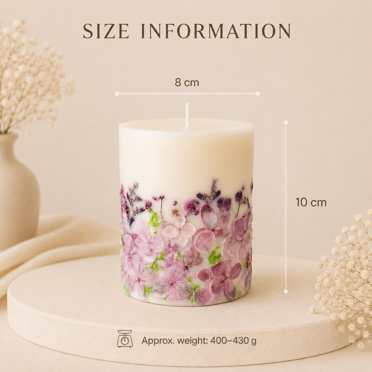 Violet botanical soy wax candle size D8 x H10 cm, approx. weight 400–430 g