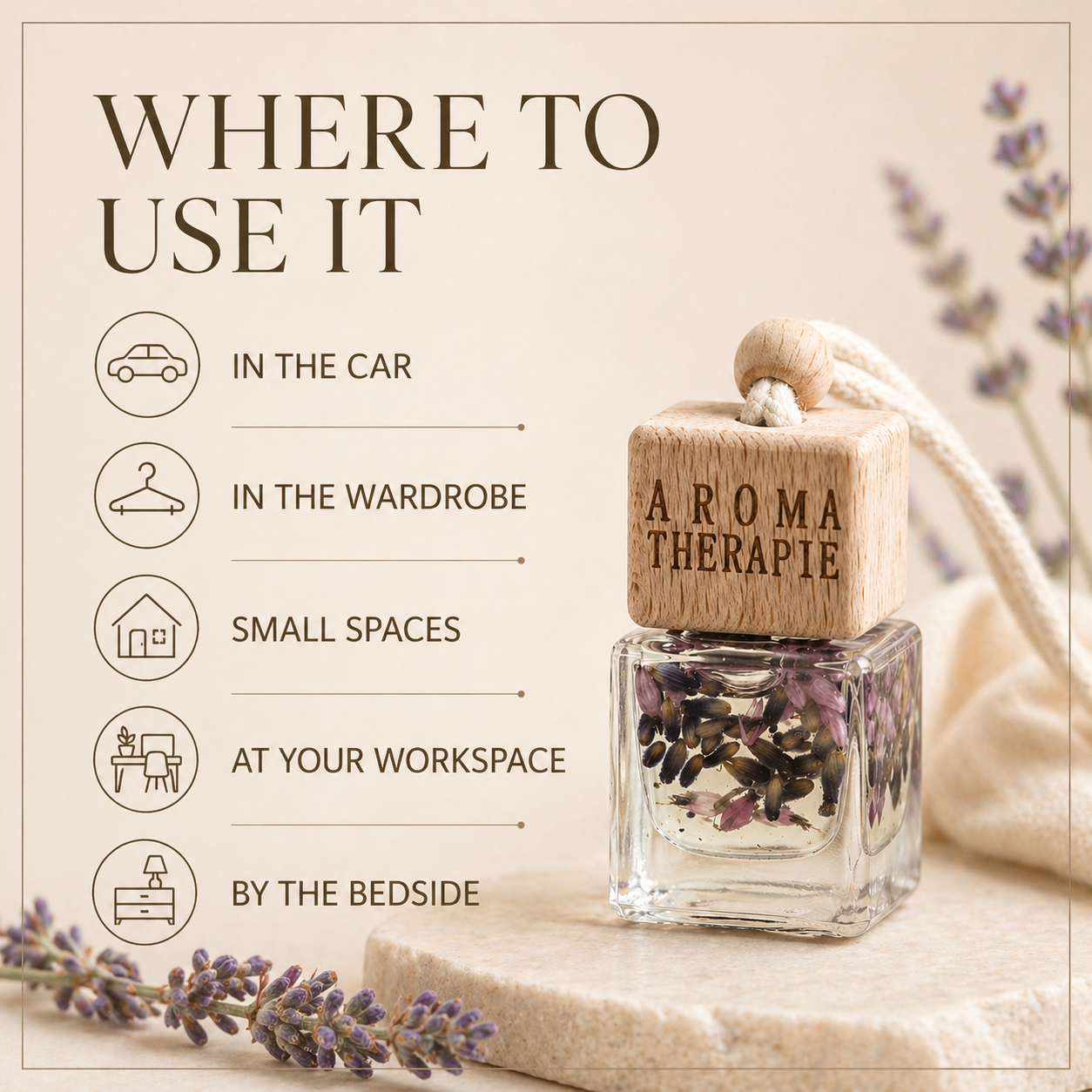 Where to use lavender car diffuser information card for car, wardrobe, workspace and bedside