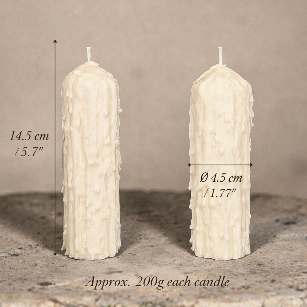 Size chart for white drip effect soy wax pillar candles, set of 2 handmade in Belgium