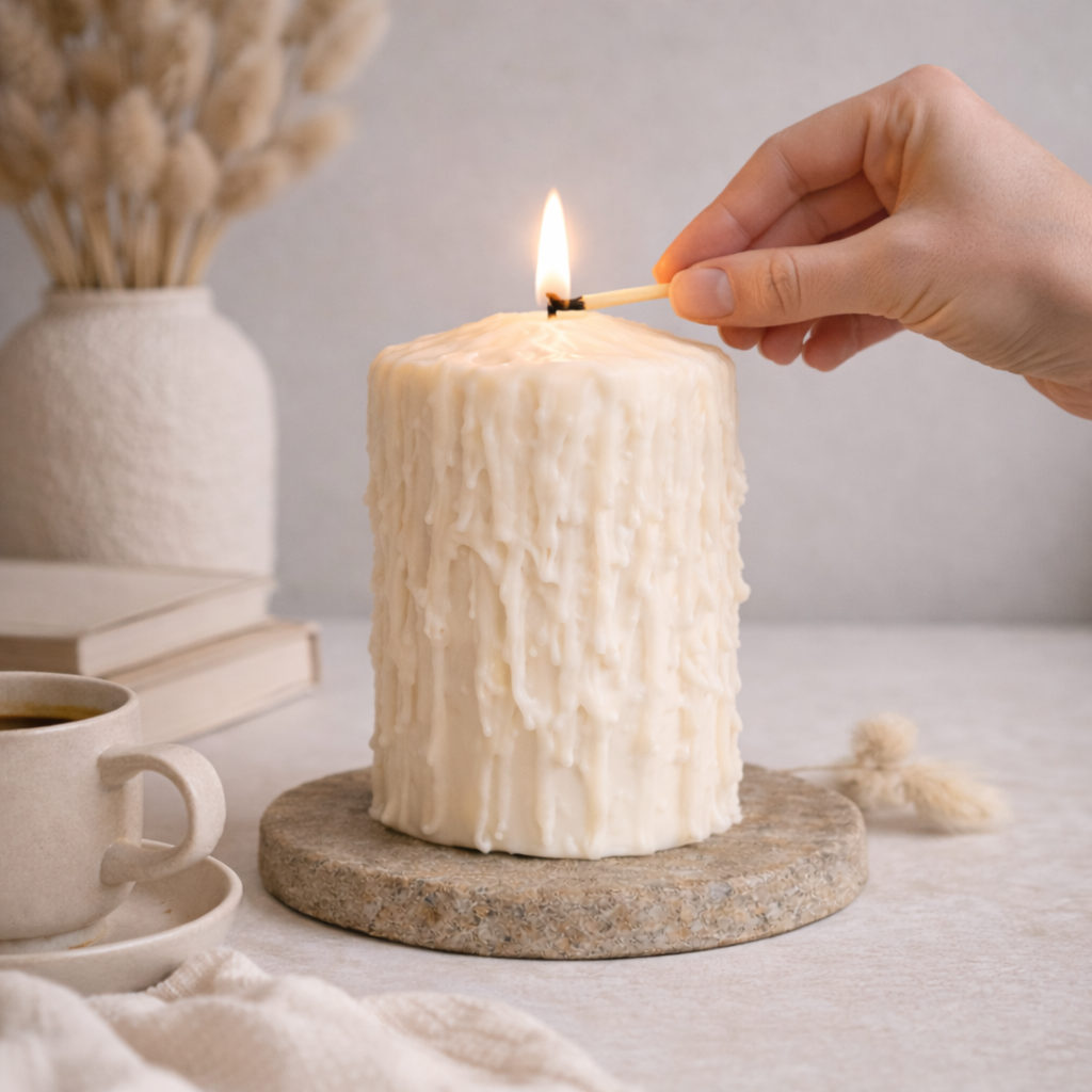 Hand lighting white drip effect scented soy wax pillar candle for cozy home decor