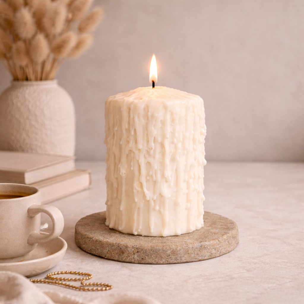 White drip effect scented soy wax pillar candle styled on a coffee table with neutral decor