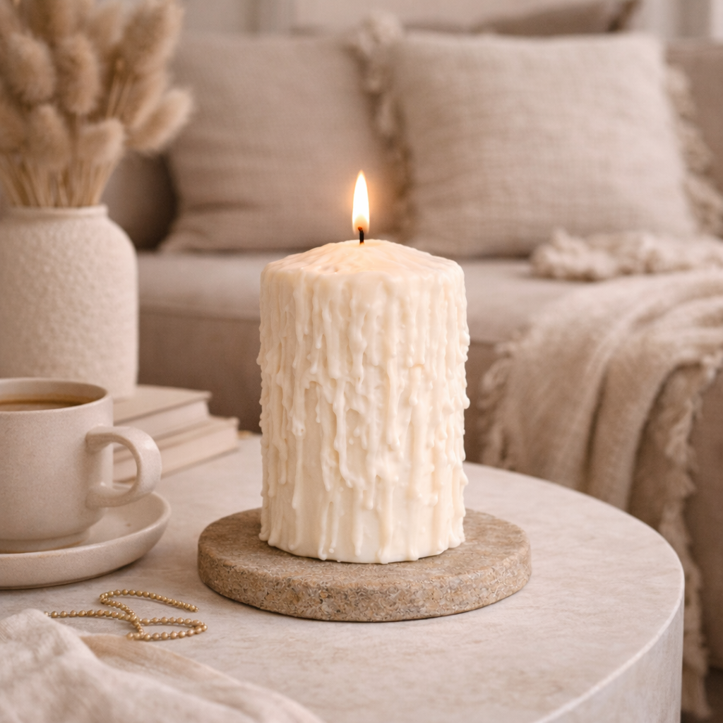 White drip effect scented soy wax pillar candle styled in a cozy neutral living room interior