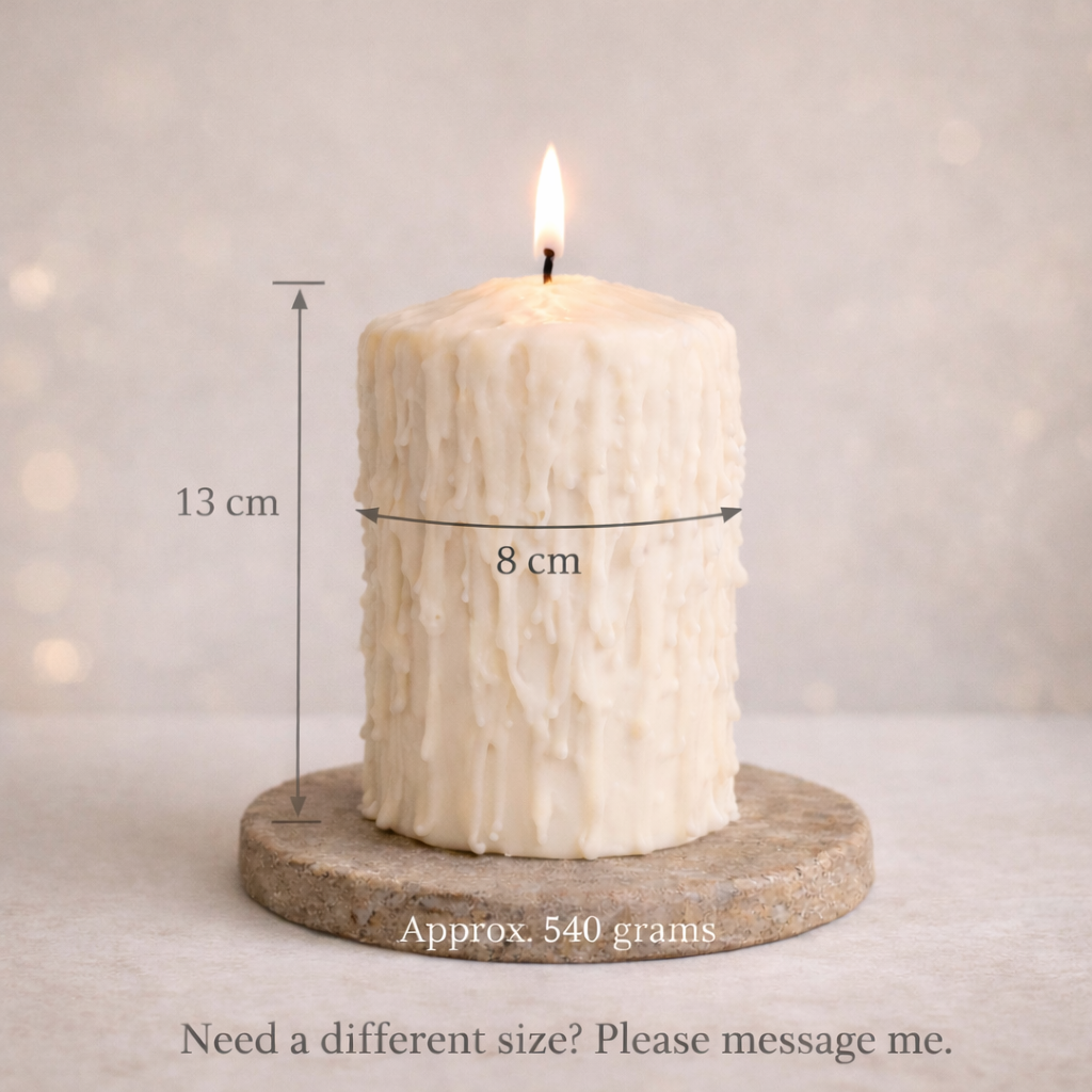 Size chart for white drip effect scented soy wax pillar candle, 13 cm high and 8 cm diameter