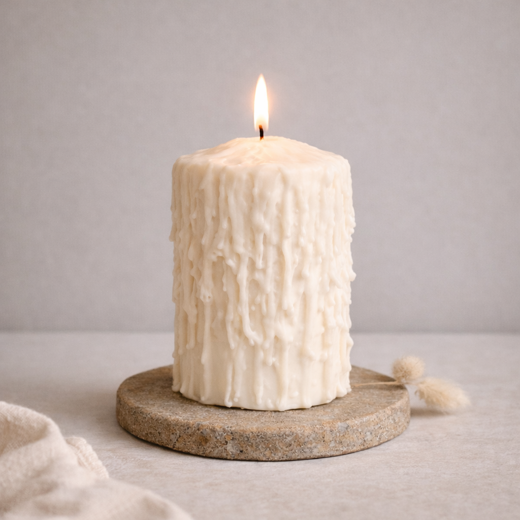 White drip effect scented soy wax pillar candle handmade by Isola Aura Home in Belgium