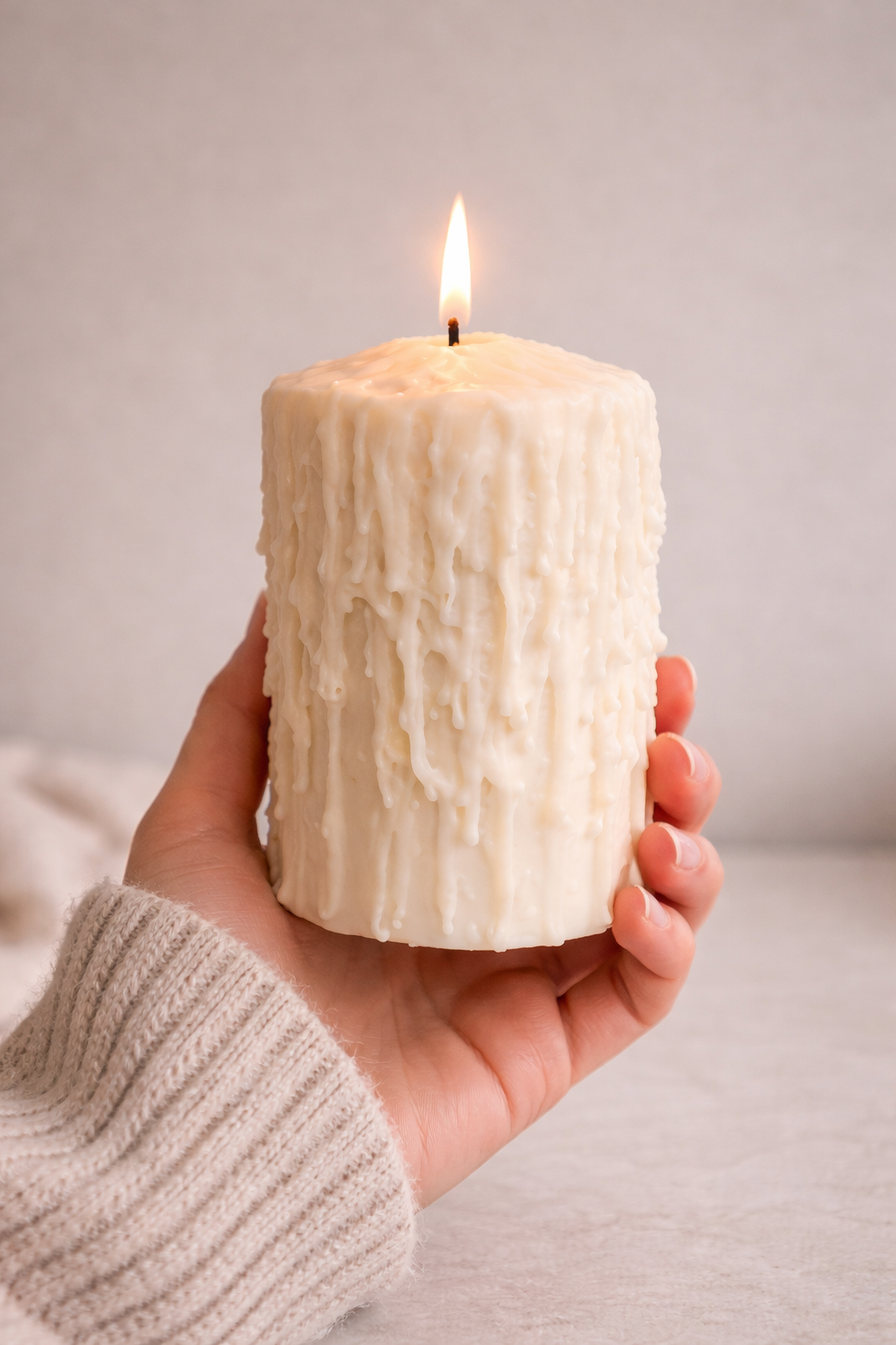 Close up of white drip effect soy wax pillar candle showing handmade pre-dripped texture