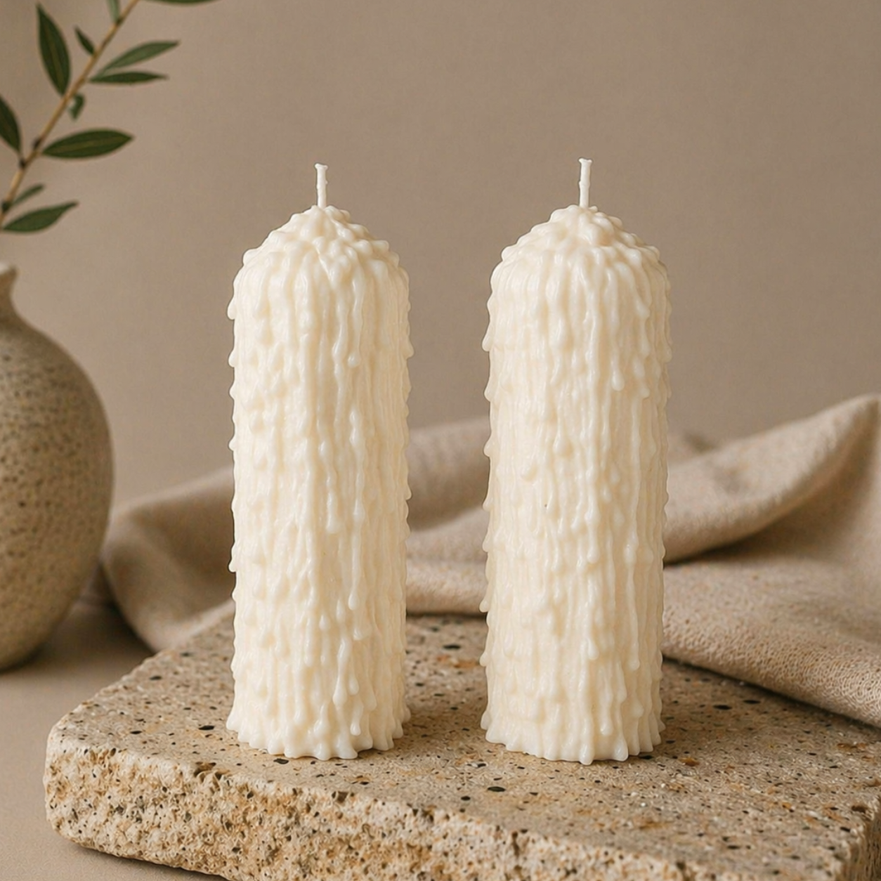 White drip effect soy wax pillar candle set handmade by Isola Aura Home in Belgium