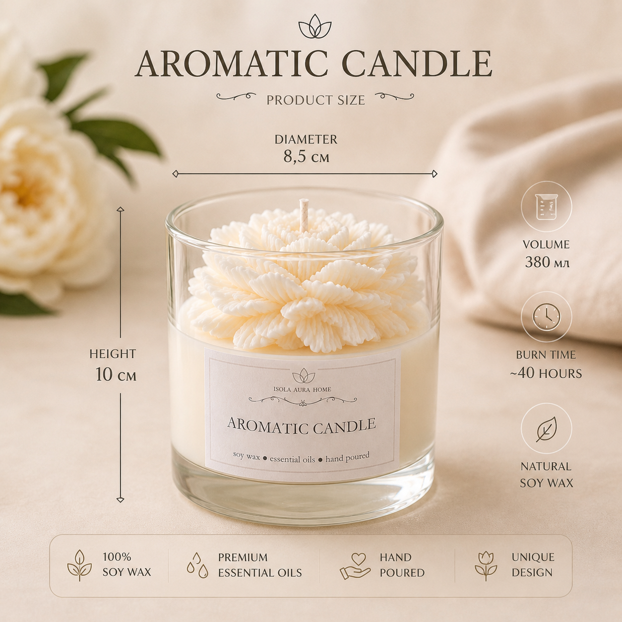White peony flower-shaped candle product size, 380 ml soy wax candle by Isola Aura Home