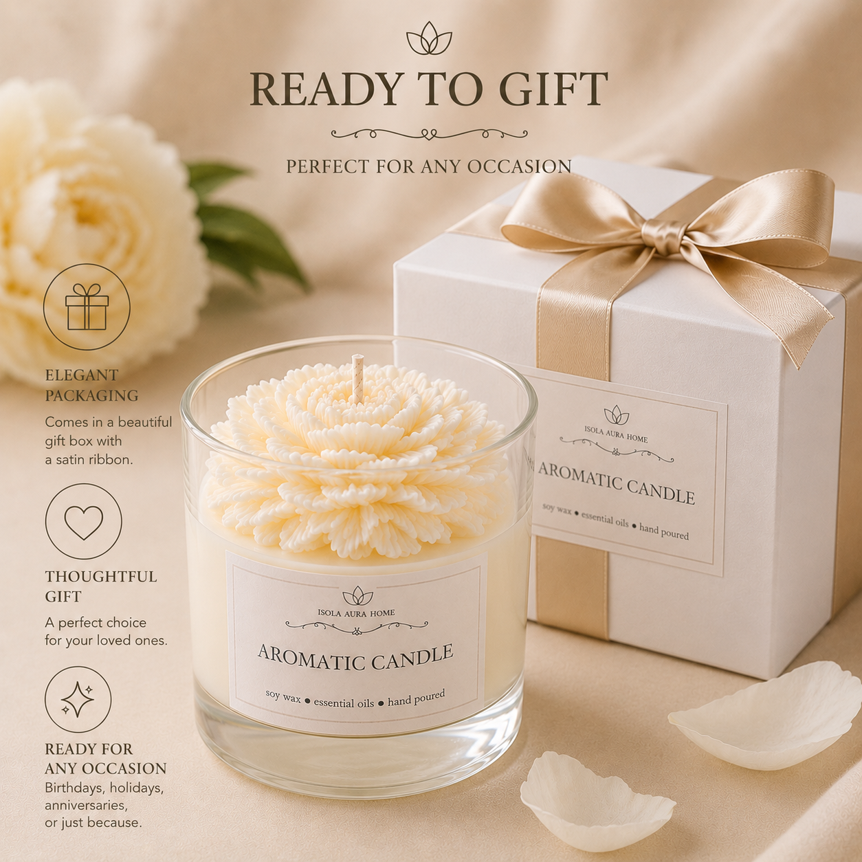 White peony flower-shaped candle with gift box included, ready to gift