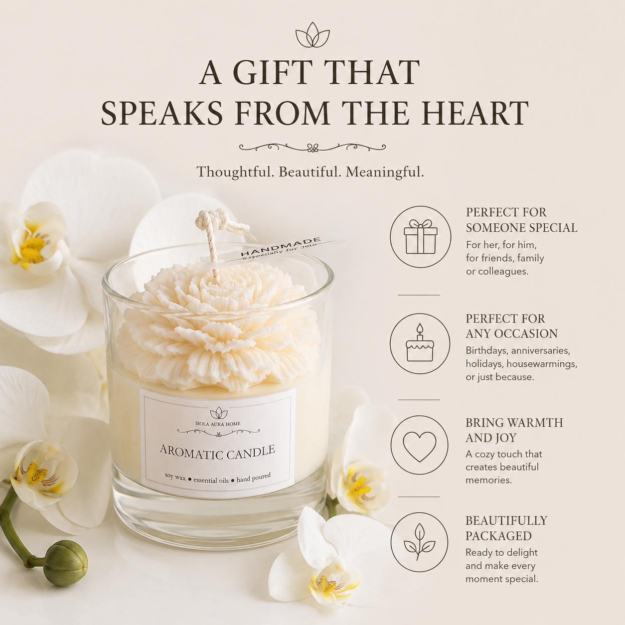 White peony flower-shaped candle as a thoughtful handmade gift from Belgium