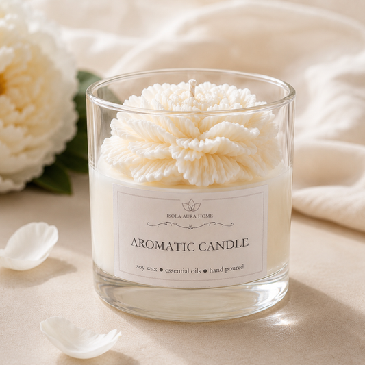 White peony flower-shaped soy wax candle in glass handmade by Isola Aura Home in Belgium