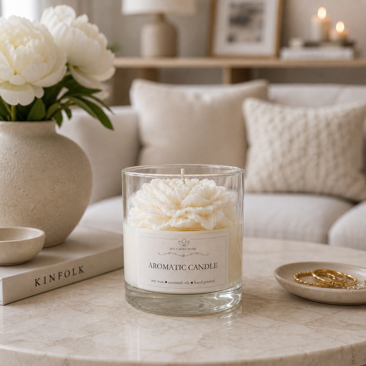 White peony scented soy wax candle in glass styled in a soft home interior