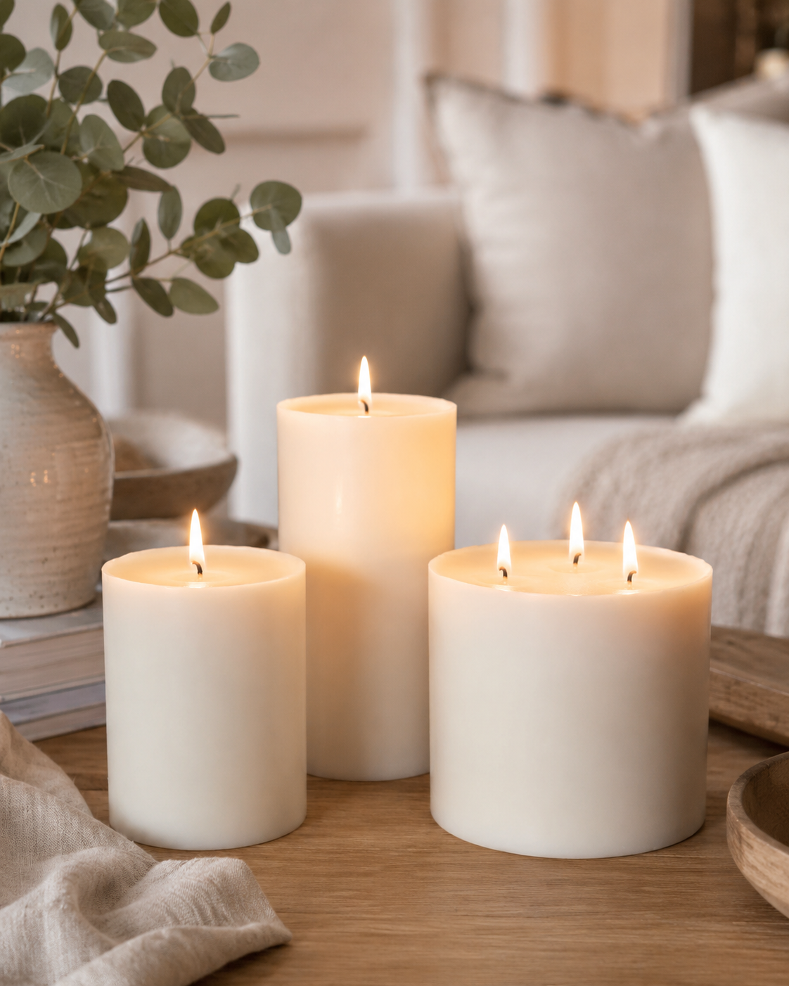 White unscented soy wax pillar candles styled in a warm neutral living room interior