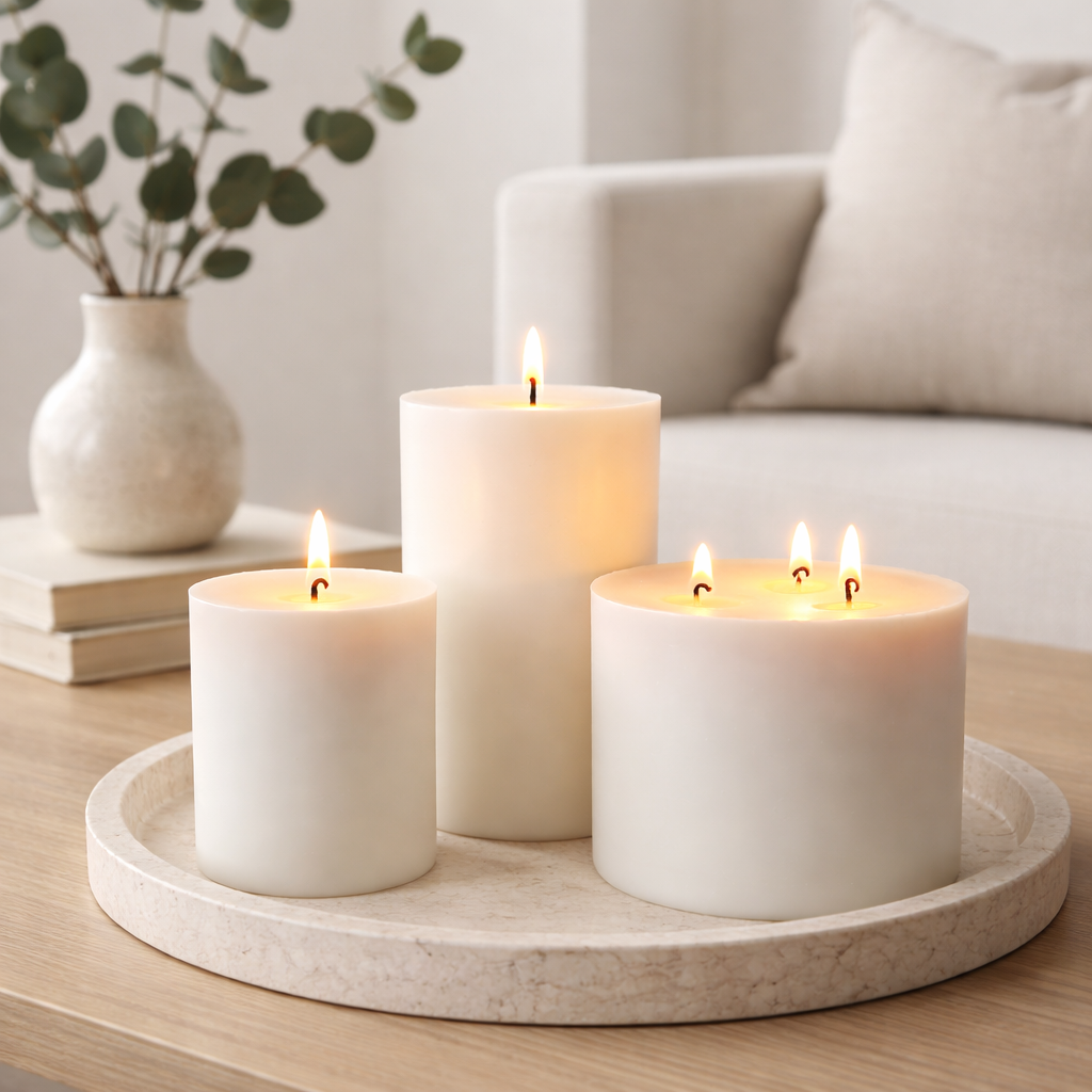 White unscented soy wax pillar candles styled on a stone tray in a cozy neutral interior