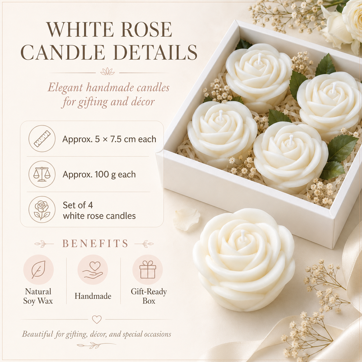 White rose candle details card showing 5 by 7.5 cm size, 100 g weight and gift-ready soy wax candle benefits
