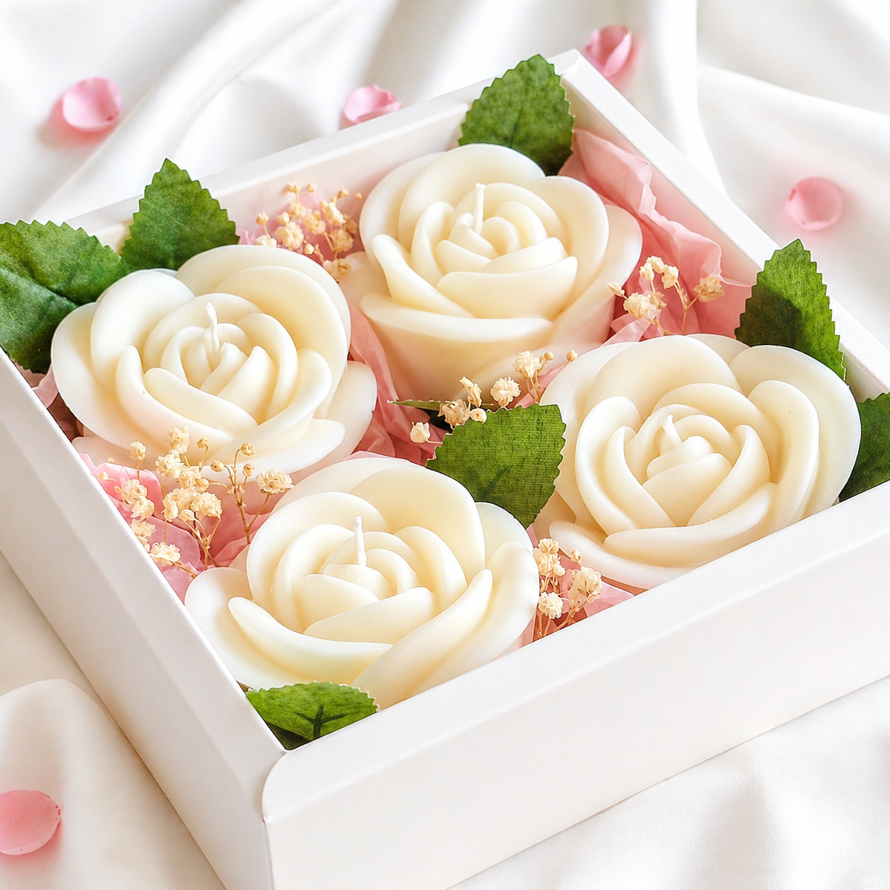 White rose candle gift box with four handmade soy wax candles by Isola Aura Home in Belgium
