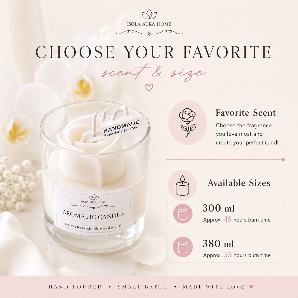 White rose candle size and scent options, available in 300 ml and 380 ml