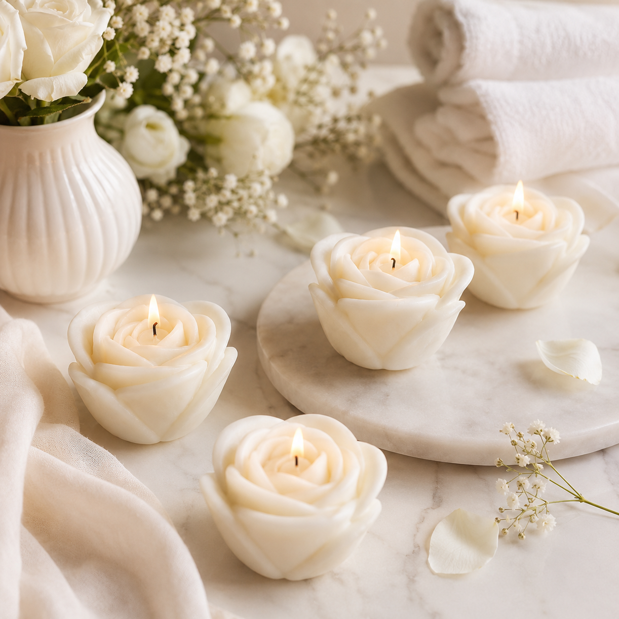 White rose-shaped soy wax candles burning in an elegant interior with soft flowers and neutral decor