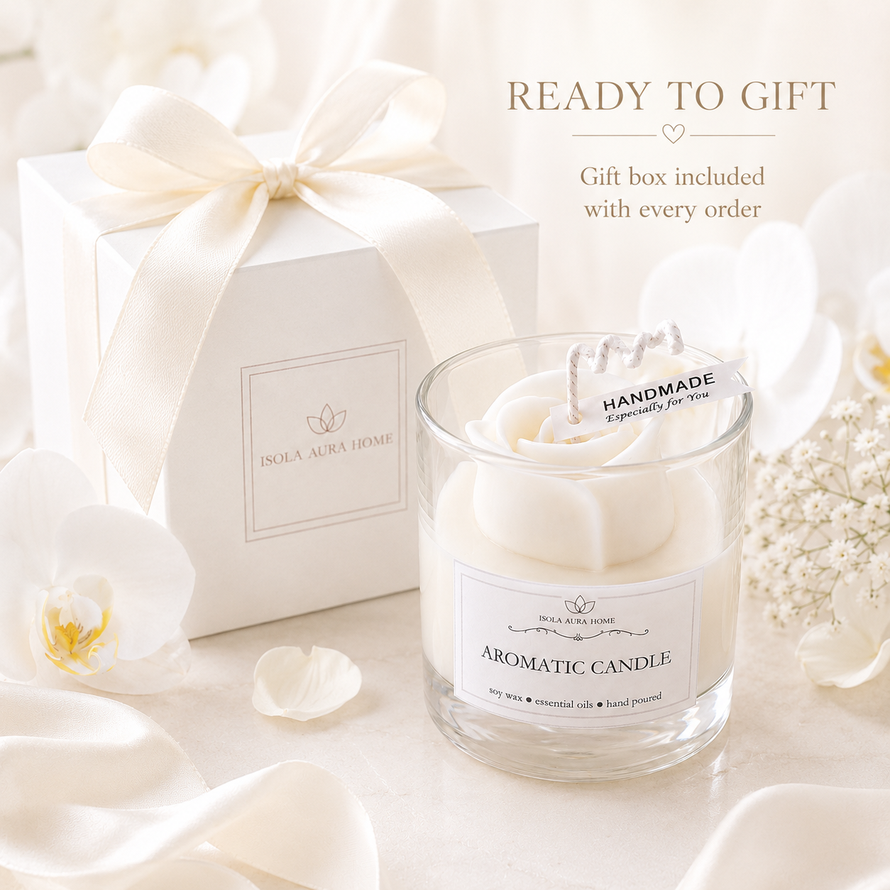 White rose flower-shaped candle with gift box included, ready to gift