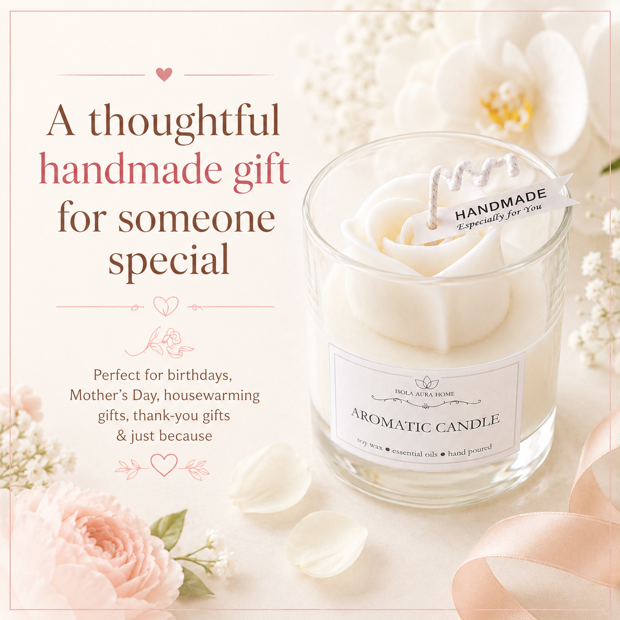 White rose flower-shaped candle as a thoughtful handmade gift from Belgium