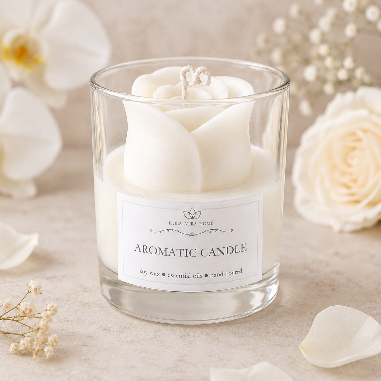 White rose flower-shaped soy wax candle in glass handmade by Isola Aura Home in Belgium