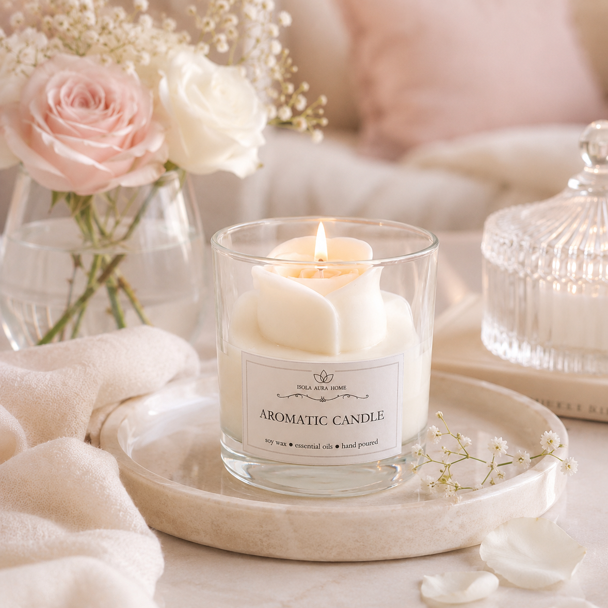 White rose scented soy wax candle in glass styled in a soft home interior