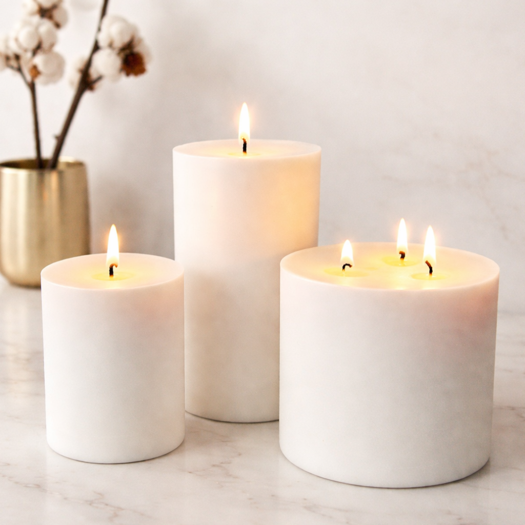 White unscented soy wax pillar candles handmade by Isola Aura Home in Belgium