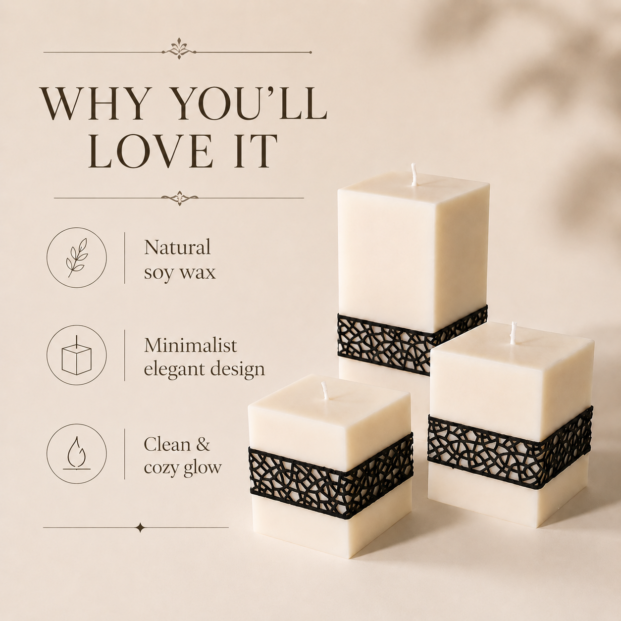 Black lace geometric soy wax candles feature card with natural soy wax and minimalist elegant design