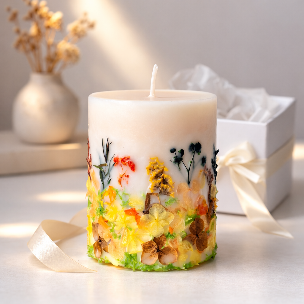 Wildflower botanical soy wax candle with white gift box and ribbon, ready to gift
