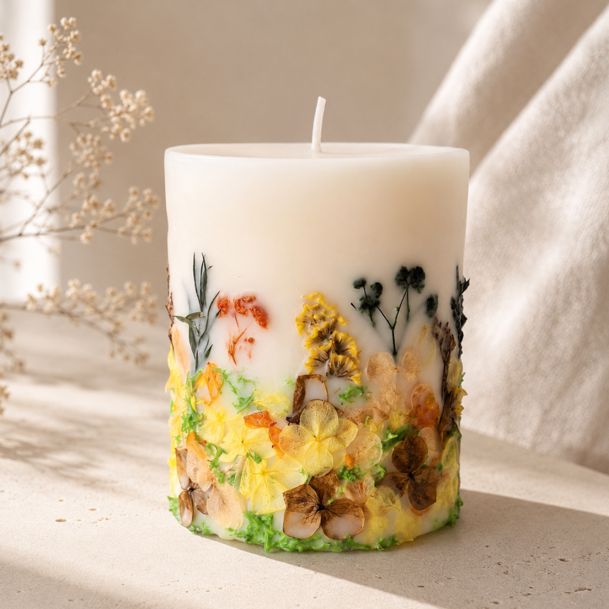 Wildflower botanical soy wax candle with real dried flowers, handmade by Isola Aura Home in Belgium