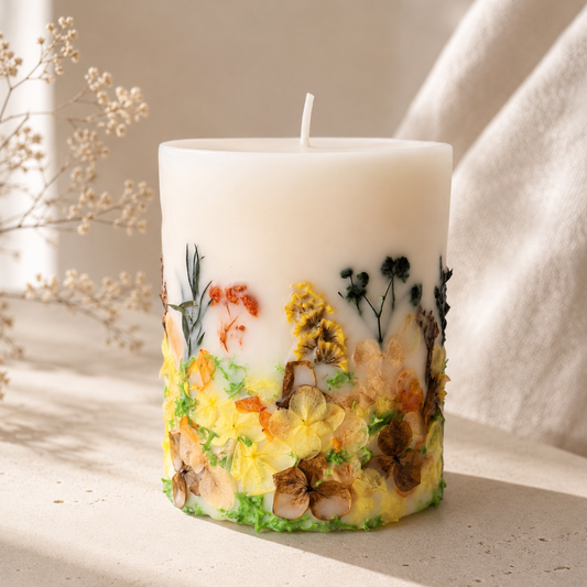 Wildflower botanical soy wax candle with real dried flowers, handmade by Isola Aura Home in Belgium