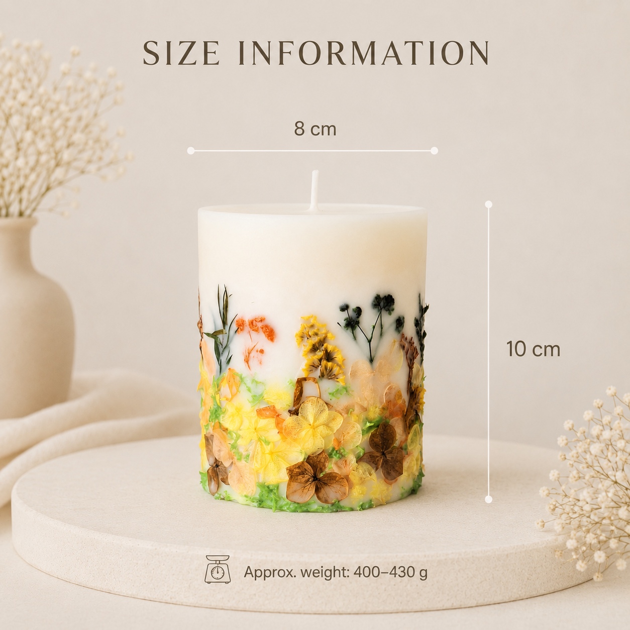 Wildflower botanical soy wax candle size D8 x H10 cm with real dried flowers