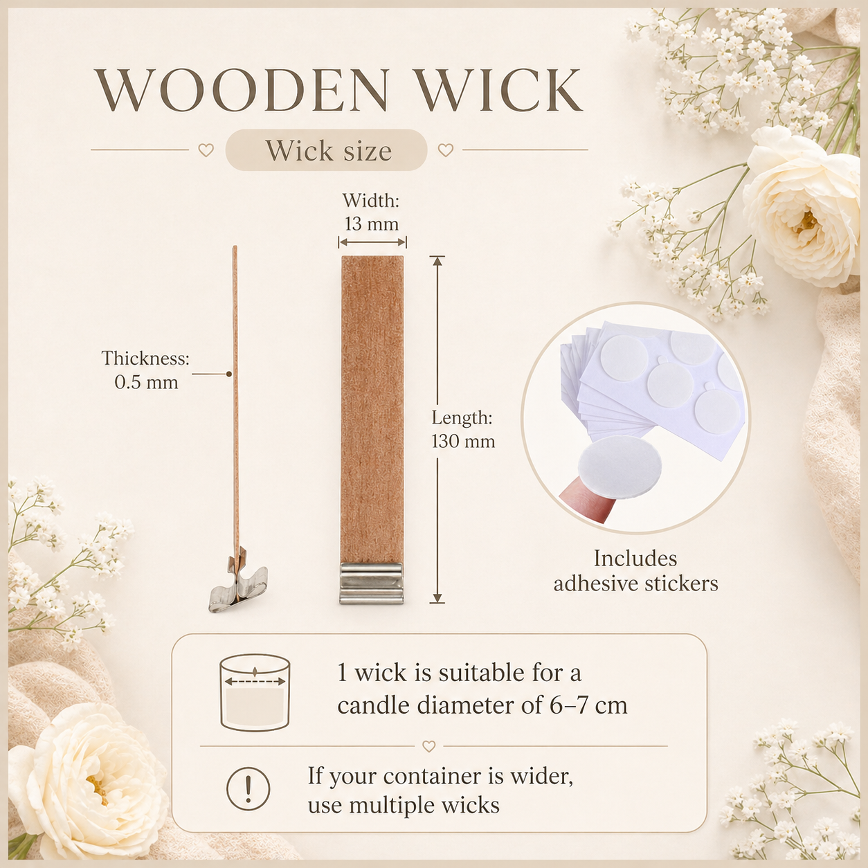 Wooden wick option size guide showing 130 mm length, 13 mm width and 0.5 mm thickness