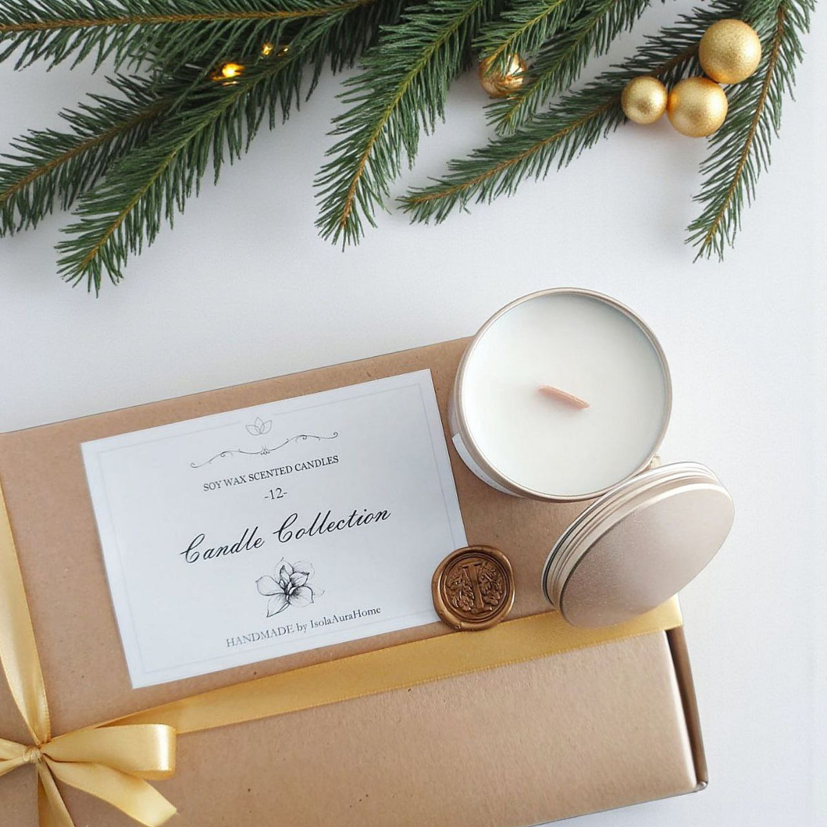 Open soy candle with wooden wick displayed beside the Christmas candle collection